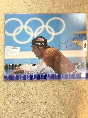 MICHAEL PHELPS 16x20 AUTOGRAPHED PICTURE INSCRIBED 18 GOLD MEDALS LEAF CERT. • $250