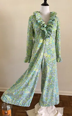 1960s Floral Handmade Palazzo Jumpsuit  Loungewear Ruffle Groovy Boho Romper VTG • $65