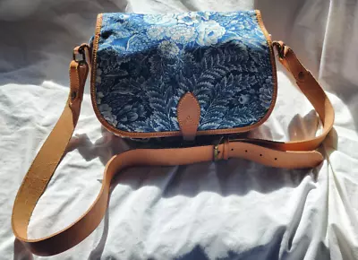 Vintage Ralph Lauren Bag Blue & White Floral Canvas Leather Straps Polo 3 Pocket • $9.99