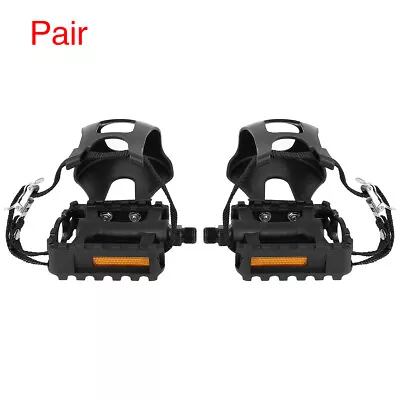 Pair Road Bike Pedals 9/16'' Spindle Platform W Toe Clips Foot Strap For Bicycle • $22.49