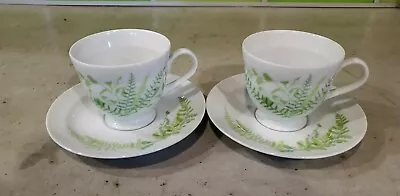 2 Vtg Vera Neumann Mikasa Green Fern Bone China Coffee Tea Cups & Saucers • $26.90