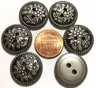 6 Heavy Antique Silver Tone Metal 2-hole Flower Floral Buttons 20mm 13/16  11757 • $6.99