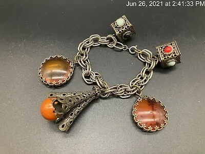 Vintage Etruscan Egyptian Revival Filigree Charm Bracelet Faux Amber Bracelet • $89