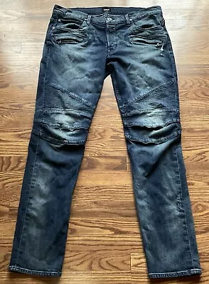 Mens HUDSON Blinder Skinny Biker Blue Stretch Distressed Moto Jeans Sz 38 X 34 • $27.99