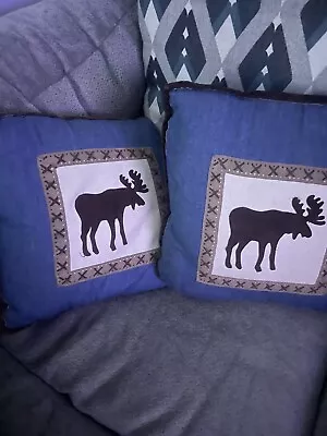 LOT OF 2 Woolrich Denim Blue Moose Throw Pillow 16 X16  Lodge Cabin Look • $49.99