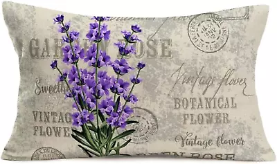 12X20  Stamp Lavender Throw Pillow Case Cotton Linen Burlap Lumbar Cushion Cover • $17.26