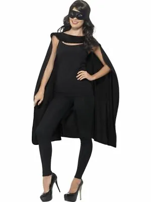 Adult Superhero Cape And Eye Mask Set Costume Mens Womens Fancy Dress BLACK • £8.30