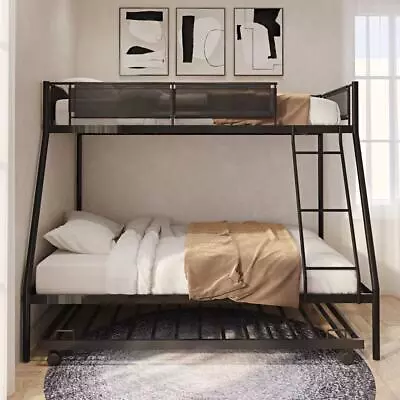 Twin Over Full Metal Bunk Bed With Trundle Sturdy Frame & Noise-Free Slats • $258.52
