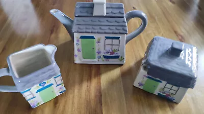 £16.49 • Buy Dunelm Cottage Tea Pot Set, Creamer + Sugar Bowl Traditional Grey Green Blue