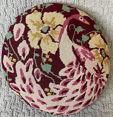 MCM Needlepoint Pillow Round Peacock Floral Pink Yellow Art Deco 13  • $121.33