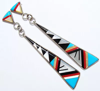 Vintage Southwestern Sterling Silver INLAID STONES Dangle Earrings 2.75” • $17.50