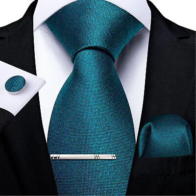 £11.99 • Buy Mens Silk Necktie Set Blue Paisley Tie Clip Pocket Square Cufflinks Set Wedding