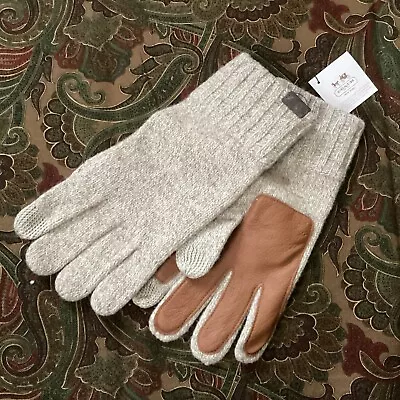 MENS COACH Oatmeal Heather Touch Screen Fingers Wool Brown Leather Winter Gloves • $98