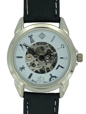 Silver Tone Mechanical Wind Up Freemason Masonic Leather Wrist Watch By WESTIME • £29.95