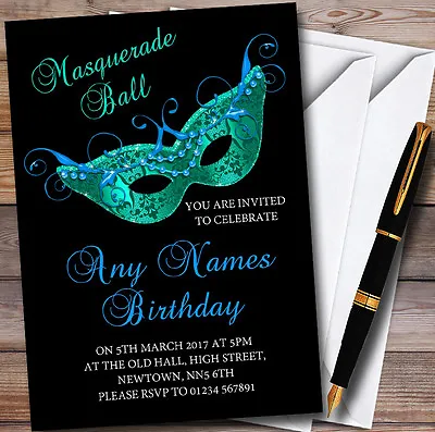 Black Blue Green Masquerade Ball Personalised Party Invitations • £89.95