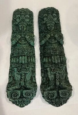 2 VTG 1960’s Zarebski? Mayan Aztec Mexican Crushed Malachite Stone Art Green 20” • $199