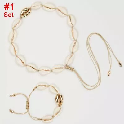 Women Summer Beach Cowrie Bracelet Shell Necklace Jewelry Set Gold Color • £4.15