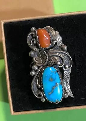 Navajo Dan Whitegoat Turquoise Coral Sterling Silver Squash Blossom Ring 7.5 • $89