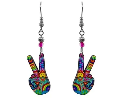 Psychedelic Peace Sign Hands Earrings Hippie Dangles Trippy Art Fashion Jewelry • $13.99