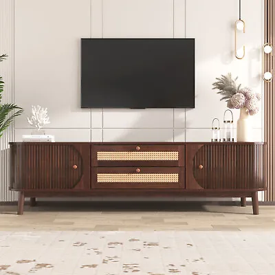 TV Stand Cabinet 2 Drawers 2 Doors Wooden Rattan TV Entertainment Unit Brown • £143.99