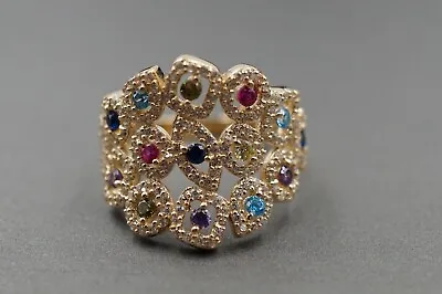 14K Solid Yellow Gold Beautiful Fancy Multi Color Stones CZ Ring. Size 7.75 • $445