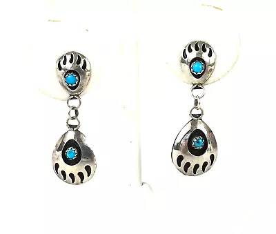 $55 • Buy Bear Claw Shadowbox Turquoise Sterling Silver Dangle Earrings Pre-Owned 1 1/2 