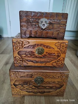 Antique Vintage Hand Carved Chinese Camphor Wood Set Of 3 Chests • £80