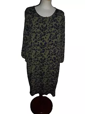 Masai Sz L UK 20 22 Arty Tunic Top / Dress 3/4 Slv - Khaki Green / Black Pattern • £6.99