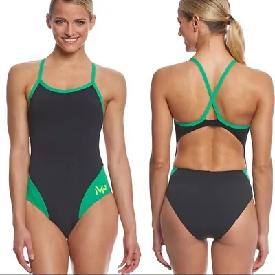 NWT Aqua Sphere Michael Phelps Black Green Splice Mid Back One Piece Suit 32 (6) • £19.26