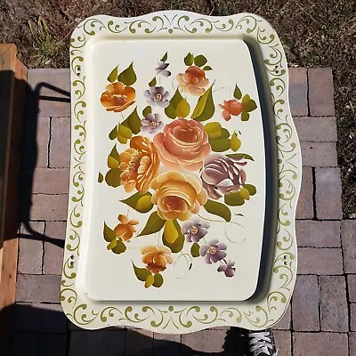 Vintage  Metal TV Tray Set Of 4  W/ Stand Holder Cream Flowers Roses. MCM  • $179