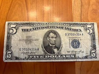 1953 Silver Certificate $5 Dollar Bill Blue Seal Note D 37024314 A • $18