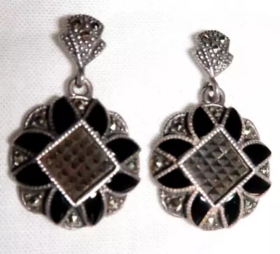 Vintage Art Deco Sterling Silver Marcasite Pierced Dangle Earrings ~ 1 1/4'' Lon • $29.99