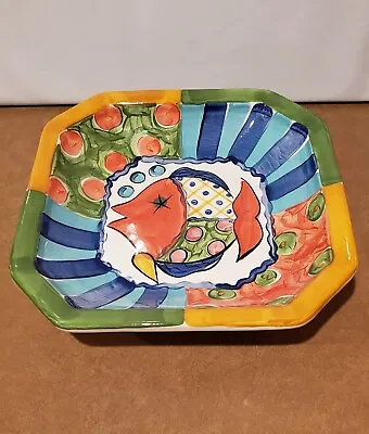 Vicki Carroll Pottery Octagon Fish Pattern Large Serving Bowl Handpainted Signed • $75