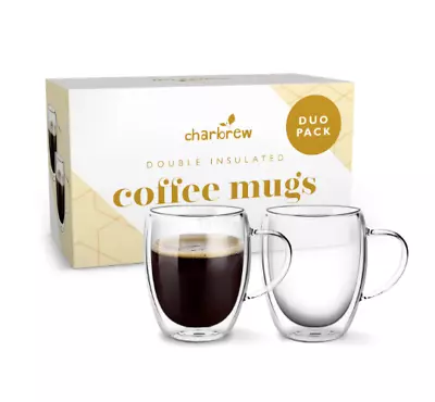 Duo Pack Double Walled Glass Thermo Coffee Mugs 350ml • £12.99