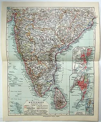 Southern India & Ceylon - Original 1924 German Language Map By Meyers. Vintage • $17