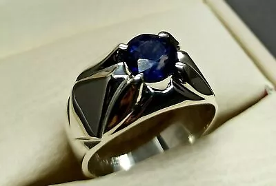 Round Cut 1 Ct Natural Blue Sapphire Sterling Silver 925 Wedding Mens Pinky Ring • $172.49