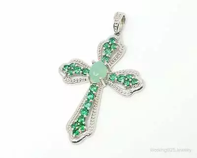 Vintage Green Chalcedony Green Cubic Zirconia Cross Sterling Silver Pendant • $120