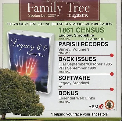 Family Tree (Sep 2007) - 1861 Ludlow Census Surrey Parish Records V.9 - CD-ROM • £4