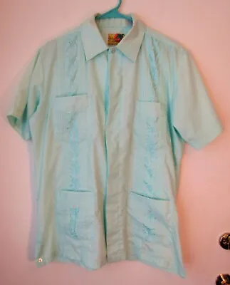 Haband Vintage Guayabera S/S Embroidered 4 Pocket Camp Shirt In Teal Mens Size M • $9.99