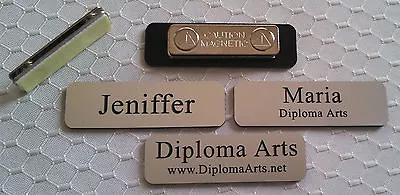 Custom Name Tags 2.5 X0.75  Silver -Black Letters Corners Rounded W/ Magnet   • $3.89