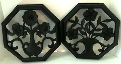 (2) Black Syroco Mid Century Modern 1962 Octagon Floral Plaques • $14.98