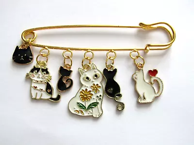 Gold Brooch-pin With 6 X Black/white Cat Enamel Charms- New-80mm • £2.99