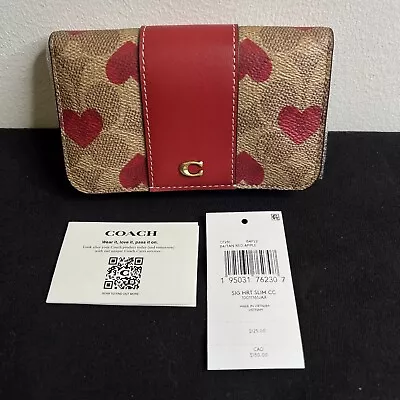 NWT Authentic Coach Coated Canvas Heart Print Slim Card Case Tan Red Apple CF281 • $214.14