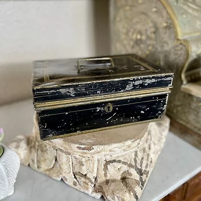 Antique Black & Gold Cash Box Lock Box Metal Money Storage Box Painted Vintage • $58