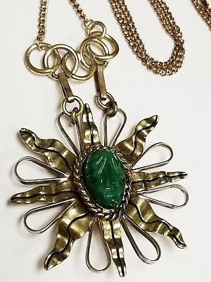 Vintage Mixed Metals Carved Green Obsidian Tribal Mask Necklace Taxco Mexico • $54.40