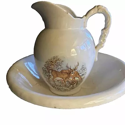 Vintage MCM Pitcher And Bowl Set Featuring Buck Deer Doe And Fawn • $40