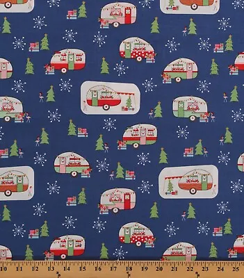 Cotton Campers Camping Travel Christmas Blue Fabric Print By The Yard D401.52 • $12.95