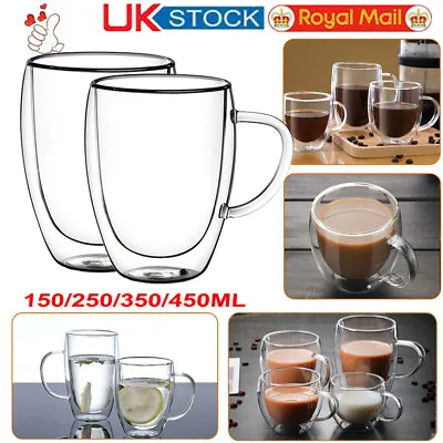 1-6PCS Double Wall Insulated Glass Coffee Mug Cup 150/250/350/450ml With Handle • £5.69