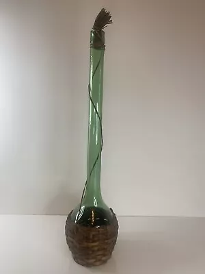 Vintage Italian Green Glass 20”Tall Wine Bottle Decanter With Wicker Base • $54.87