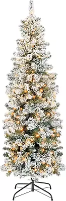 Pencil Christmas Tree 6Ft Pre-Lit Artificial Snow Flocked Slim Skinny Christmas  • $155.99